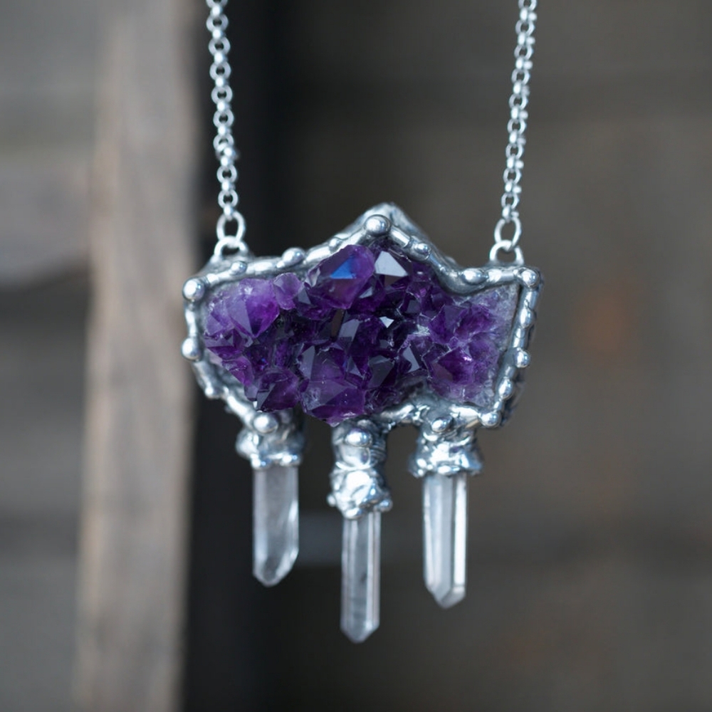 Raw Amethyst Quartz Crystal Pendant Necklace Handmade